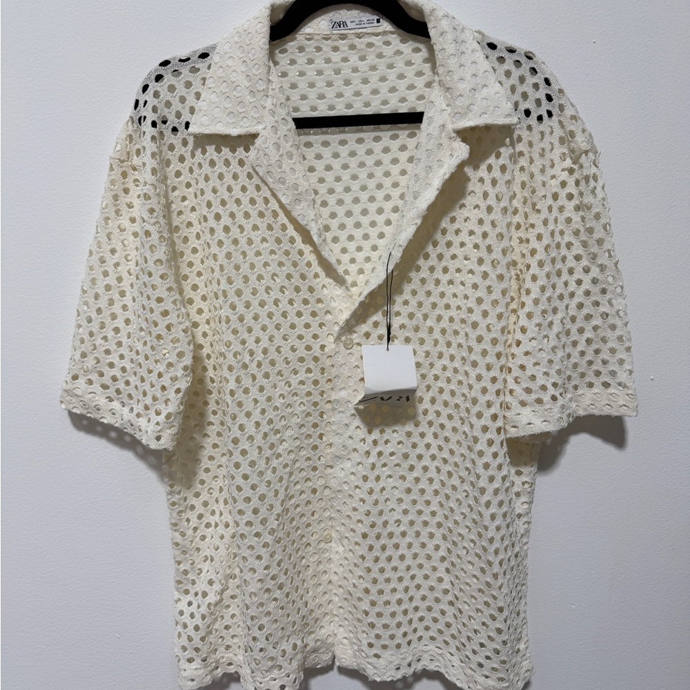 Zara Cream Open-Knit Short Sleeve Button-Down Shirt